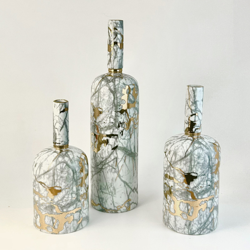 Marble and gold pattern narrow-mouthed vase three-piece set 12