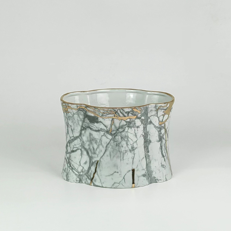 Marble pattern golden flower mouth ceramic vase ornaments 4