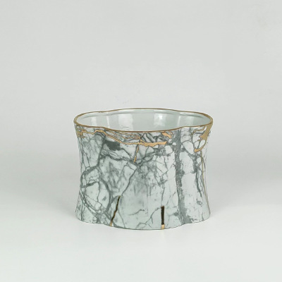 Marble pattern golden flower mouth ceramic vase ornaments 4