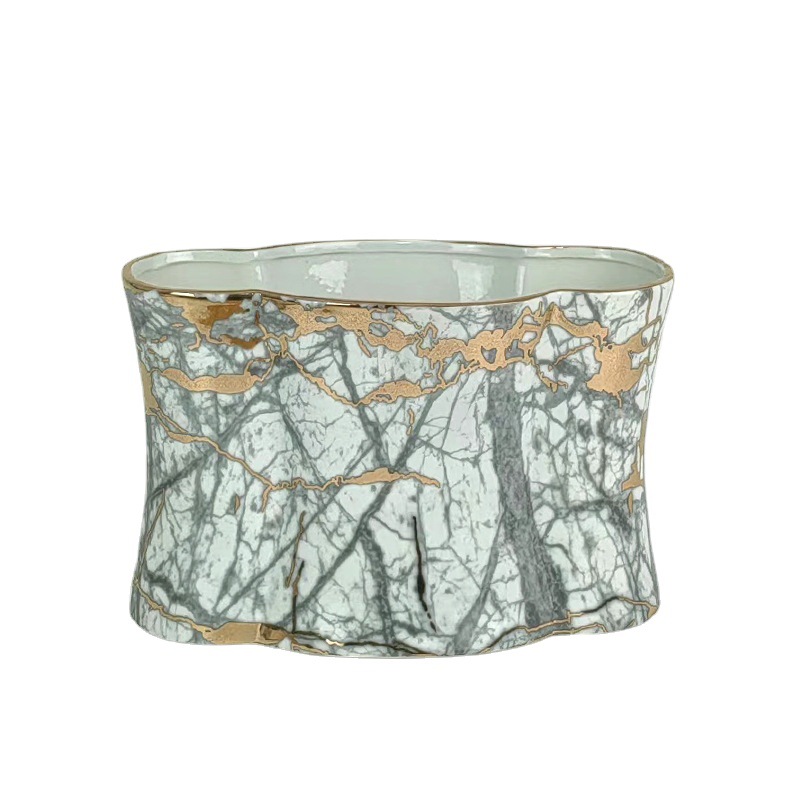 Marble pattern golden flower mouth ceramic vase ornaments 4