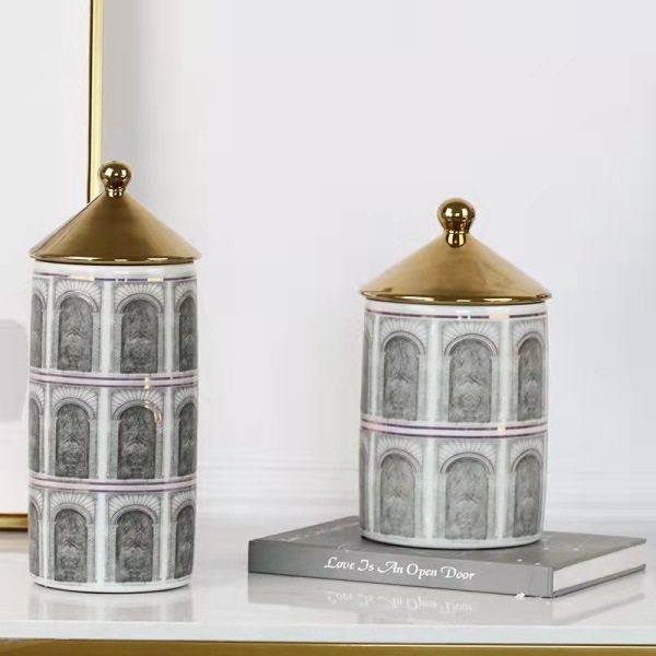 Ceramic jar with architectural motifs and electroplated decoration 25