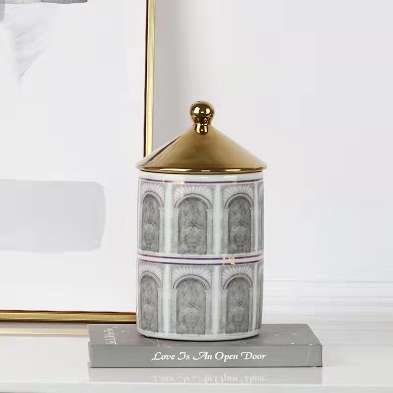 Ceramic jar with architectural motifs and electroplated decoration 25
